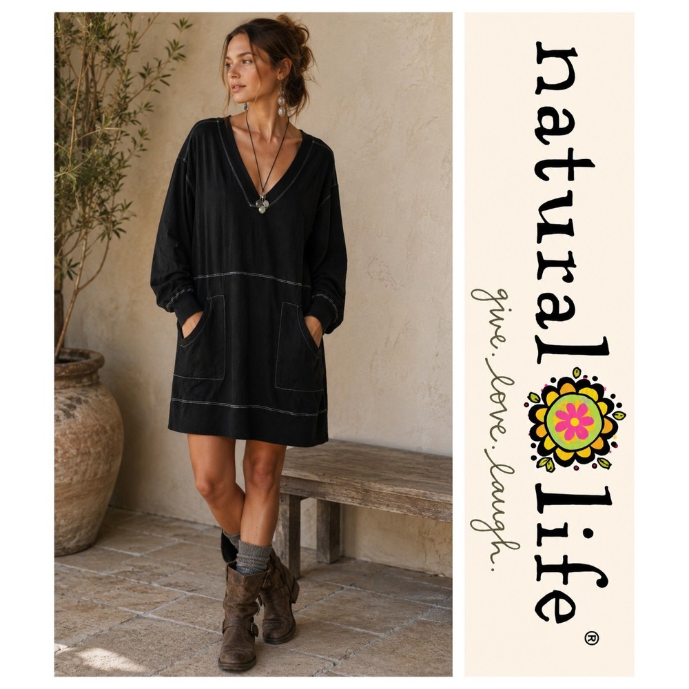 Natural Life Black Long Sleeve V-Neck Oversized Tunic Mini Charlie Dress L